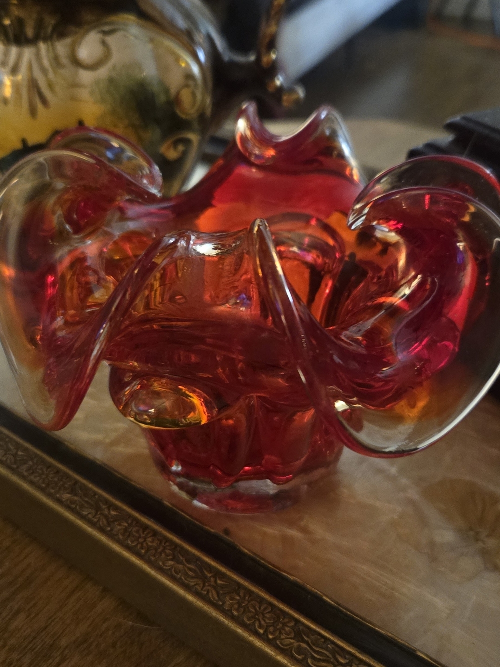 Handblown Art Murano Glass Bowl in Vibrant Amber-Red